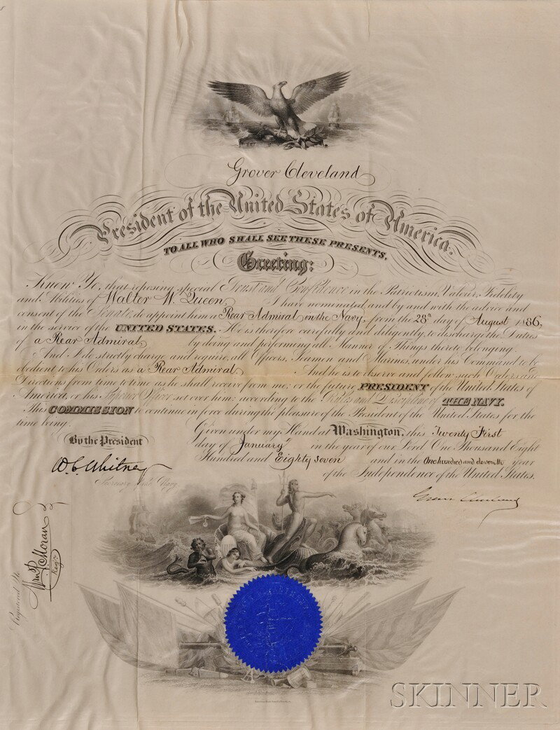 Cleveland, Grover (1837-1908), Signed document, one: Cleveland, Grover (1837-1908), Signed document, one page, January 21st, 1887, on vellum, naval appointment issued to Walter W. Queen as Rear Admiral, countersigned by William C. Whitney as Secretary o