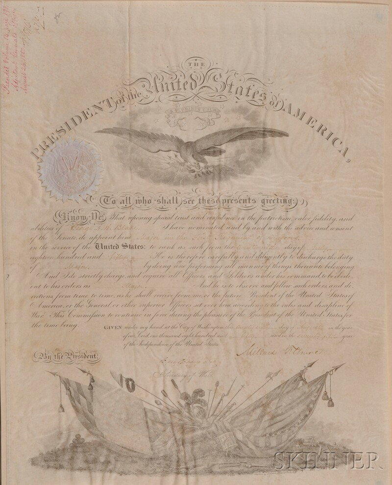 Fillmore, Millard (1800-1874), Signed document, one: Fillmore, Millard (1800-1874), Signed document, one page, August 26th, 1850, on vellum, military appointment of George A.H. Blake to Major in the First Regiment of Dragoons, countersigned by Charles C