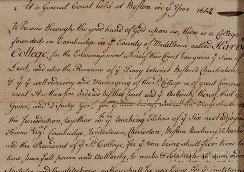 (Harvard College, Colonial Massachusetts), Manuscri: (Harvard College, Colonial Massachusetts),18th century Manuscript document, charter for the incorporation of Harvard College as a Corporation consisting of seven persons (President, five Fellowes [sic