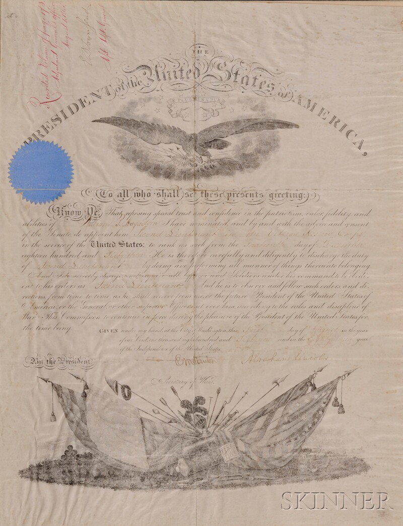 Lincoln, Abraham (1809-1865), Signed document, one : Lincoln, Abraham (1809-1865), Signed document, one page, August 1st, 1864, on vellum, military appointment for William Hagadorn as Second Lieutenant in Veterans Reserve Corps, countersigned by Edwin S