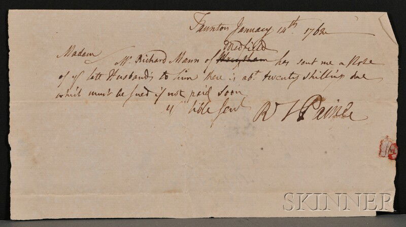 Paine, Robert Treat (1731-1814), Signer from Massac: Paine, Robert Treat (1731-1814), Signer from Massachusetts, Autograph note signed, one page, January 14th, 1762, concerning twenty shillings owed to Mr. Richard Mann of Medfield by Mrs. Mehetabel Perr