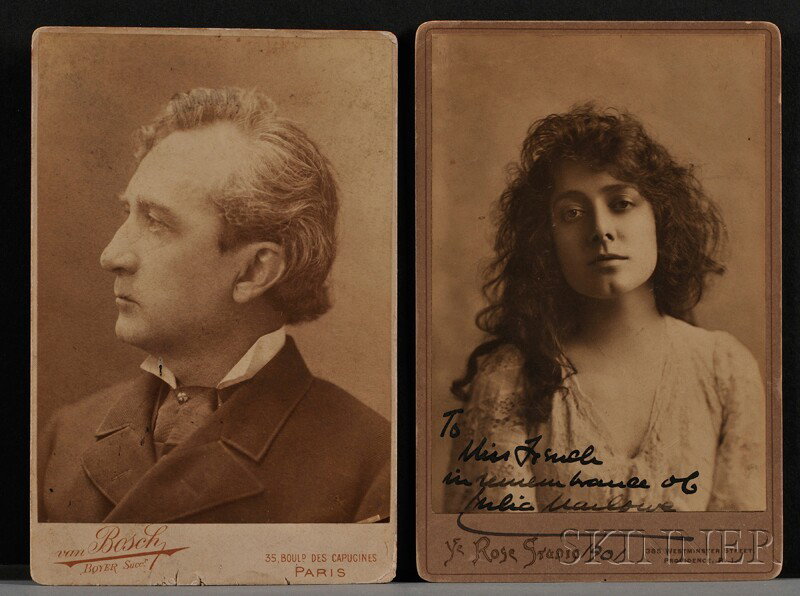 (Theater Figures, 19th century), Booth, Edwin & Ma: (Theater Figures, 19th century), Booth, Edwin & Marlowe, Julia, two portrait cabinet cards, the Marlowe example signed and inscribed to "Miss French in remembrance of Julia Marlowe, 1901", Booth shown
