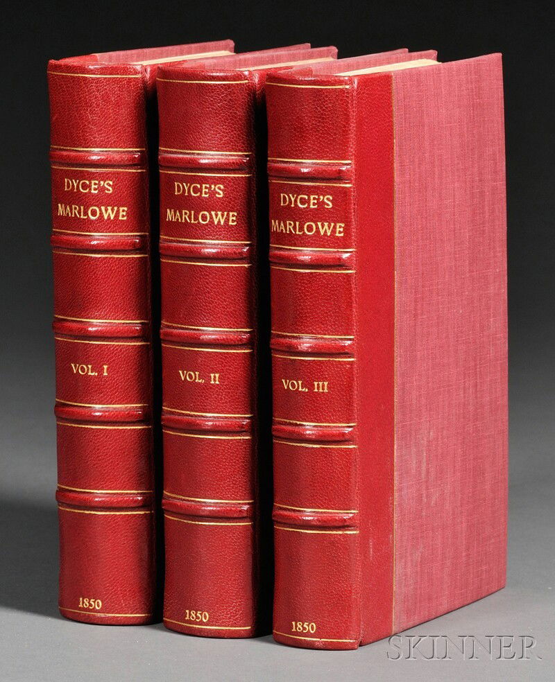 (Decorative Bindings), Marlowe, Christopher (1564-: (Decorative Bindings), Marlowe, Christopher (1564-1593), The Works of Christopher Marlowe...by the Rev. Alexander Dyce, London: William Pickering, 1850, three volumes, later gilt lettered quarter crim