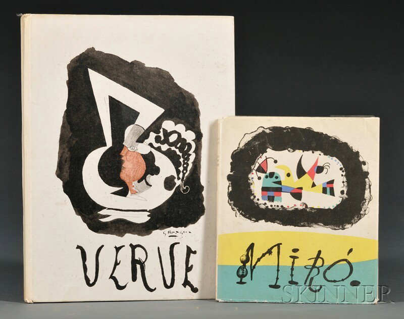 (Fine Art Monograph), Two titles; Verve, Paris, [: (Fine Art Monograph), Two titles; Verve, Paris, [1952], volume VII, nos. 27 and 28, pictorial boards by Braque; Prevert, Jacques, Joan Miro, Paris: Maeght, 1956, original lithographic wraps and ten or