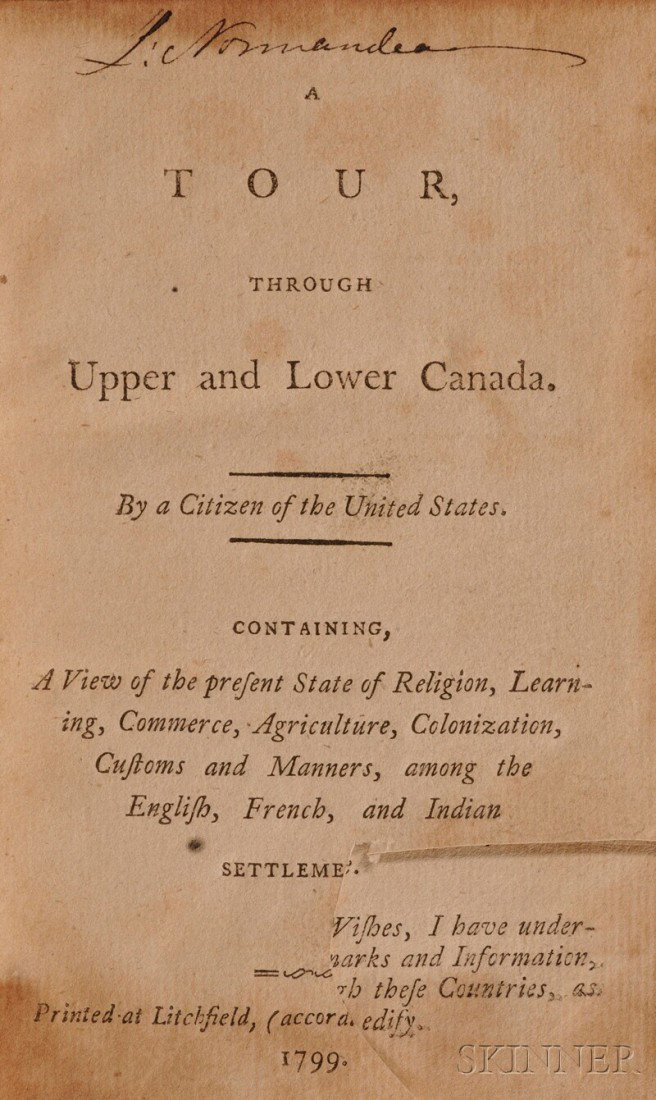 Ogden, John Cosens (1751-1800), A Tour through Upp: Ogden, John Cosens (1751-1800), A Tour through Upper and Lower Canada, Litchfield, Connecticut, 1799, first edition, calf, 16mo, (front cover detached and with worming, covers worn and with soiling at