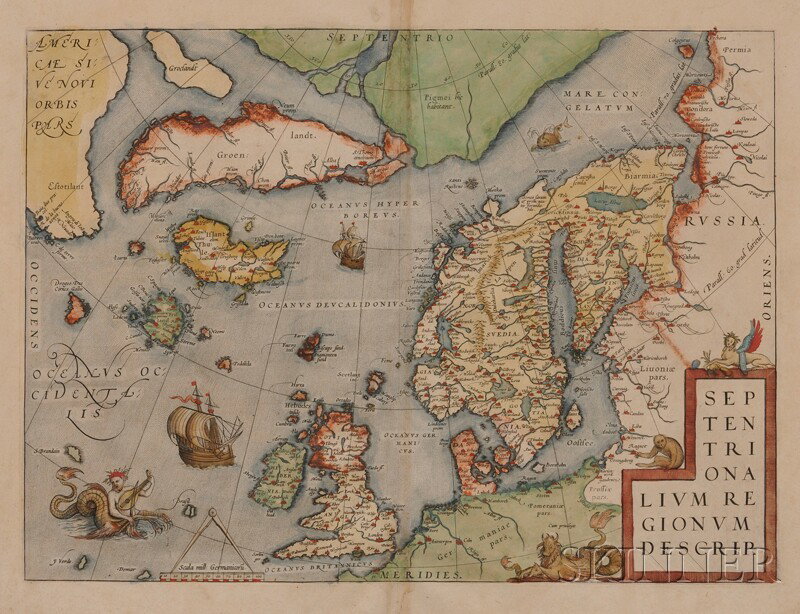 (Maps and Charts, Polar Regions, Ortelius, Abraham: (Maps and Charts, Polar Regions, Ortelius, Abraham (1527-1598), Septentrionalium regionum descrip., Antwerp, 1579 or later, double page folio with contemporary hand coloring, latin text to verso, 17 3