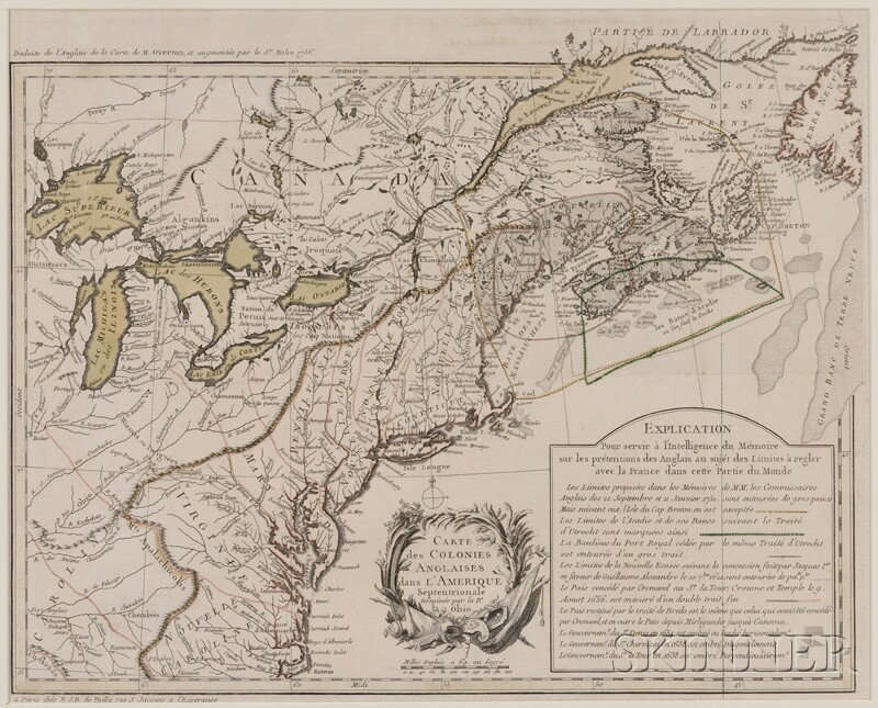 (Maps and Charts, North America), Poilly, N.J.B., : (Maps and Charts, North America), Poilly, N.J.B., Carte des Colonies Anglaises dans L'Amerique Septentrionale terminee par la Re. Ohio, Paris, [1756 or later], double page folio with contemporary hand