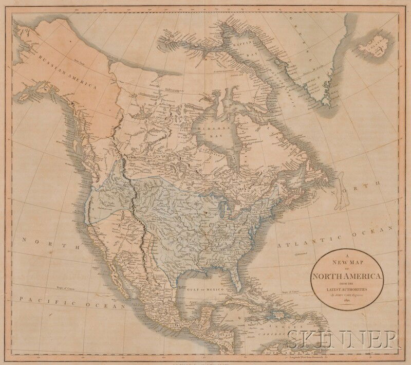 (Maps and Charts, North America), Cary, John (c.17: (Maps and Charts, North America), Cary, John (c.1754-1835), A New Map of North America from the latest Authorities, London, 1821, double page folio with hand coloring, framed, sight 18 3/4 by 21 in. (