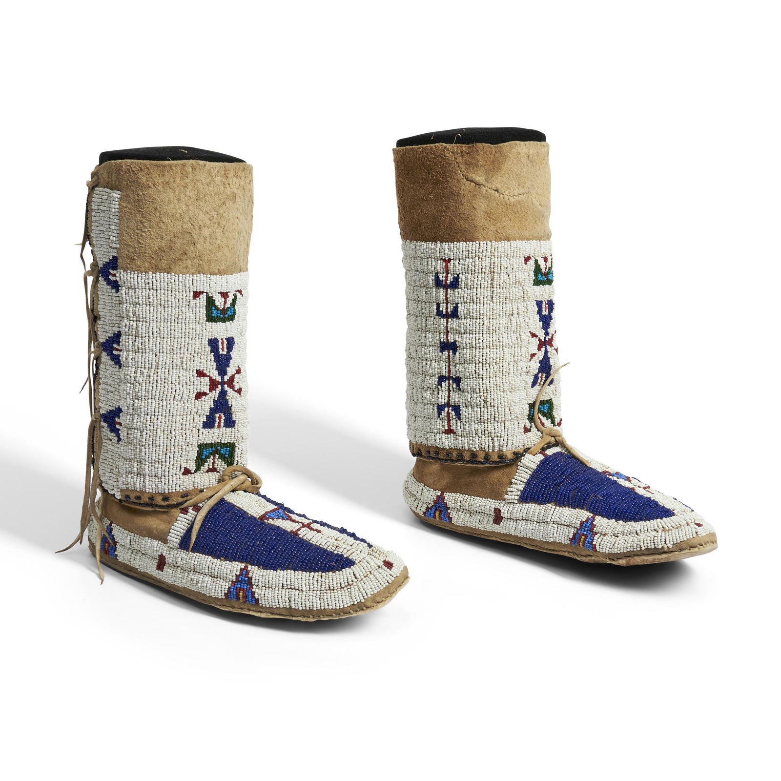 A pair of Plains beaded woman's high top moccasins lg. 9, ht. 9 1/8 in. (1 of 3)