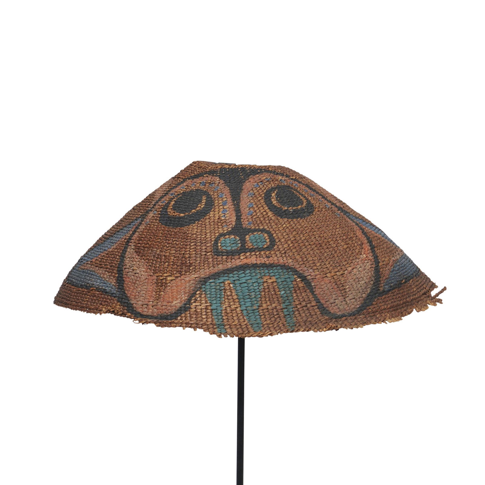 A Northwest Coast polychromed twined spruce root hat ht. 5, wd. 13 in.: A Northwest Coast polychromed twined spruce root hat Possibly Nuu-Chah-Nulth (Nootka), 19th century, the classic domed-shaped body, finely woven and decorated with the faces of two highly stylized tot