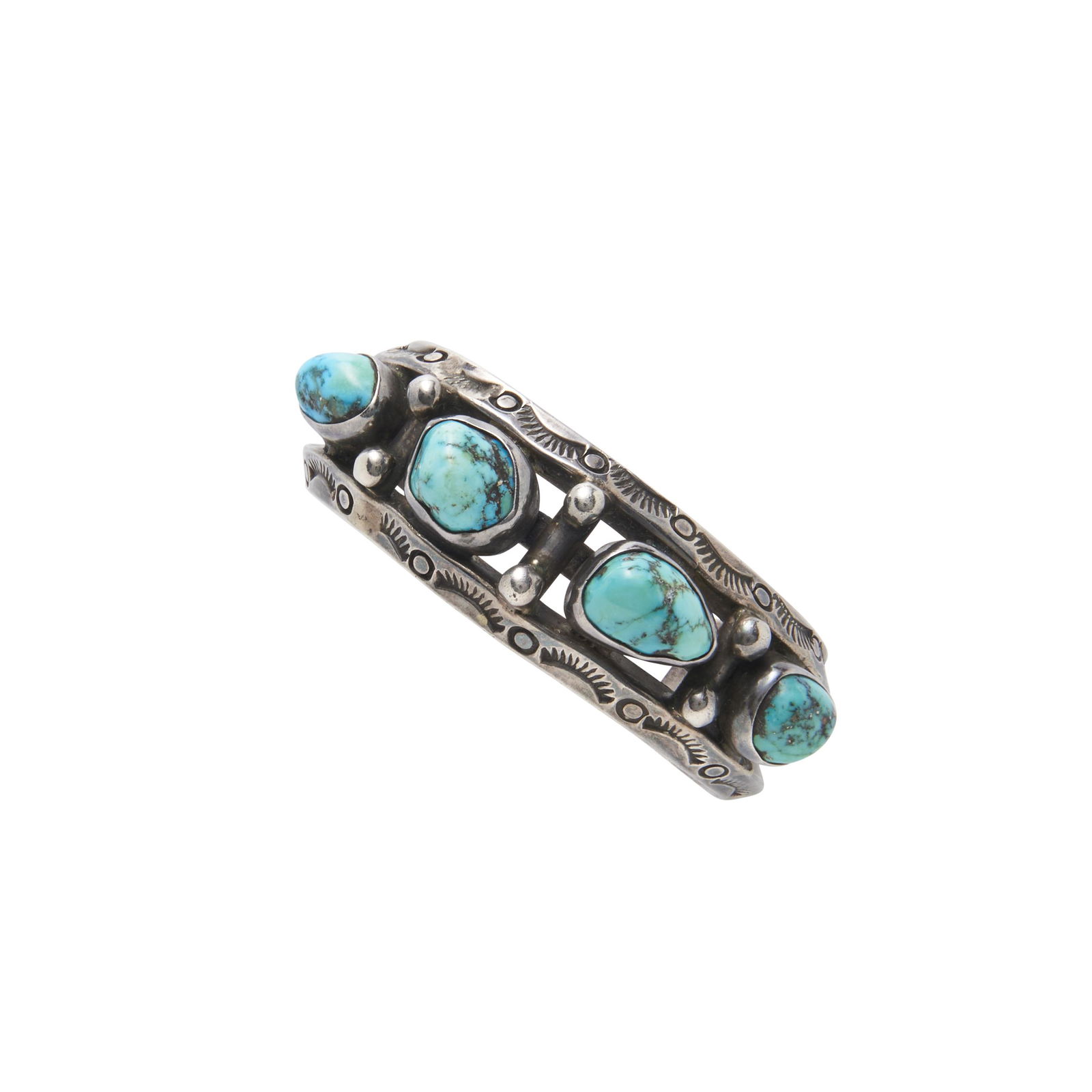 A Navajo (Diné) silver and turquoise nugget cuff bracelet inner circumference 4 1/2, with 1... (1 of 2)
