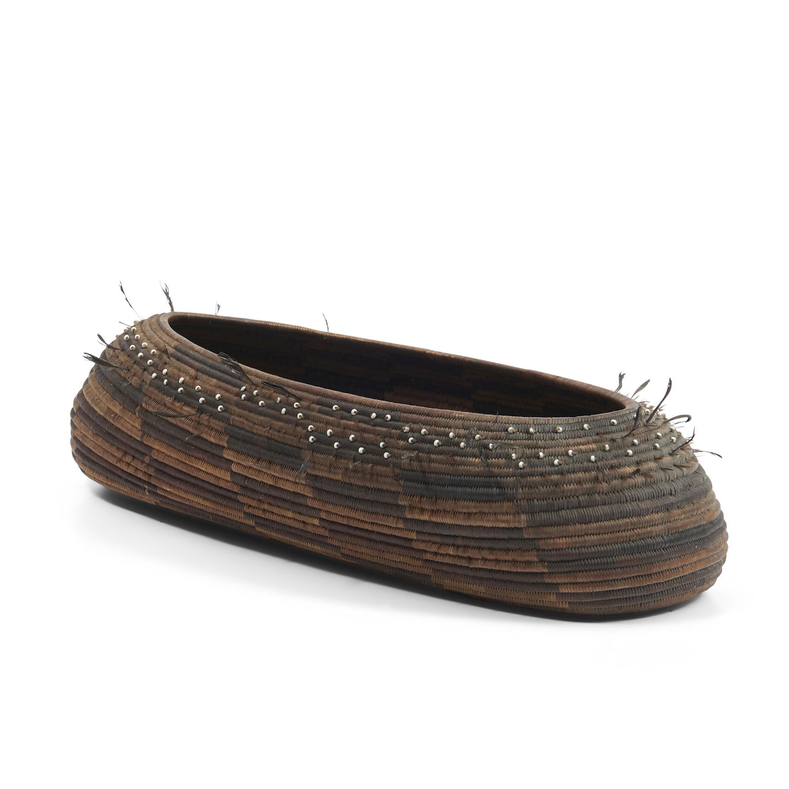 A twined Pomo basket with beads ht. 3 1/4, lg. 14 1/2, wd. 5 1/4 in. (1 of 3)