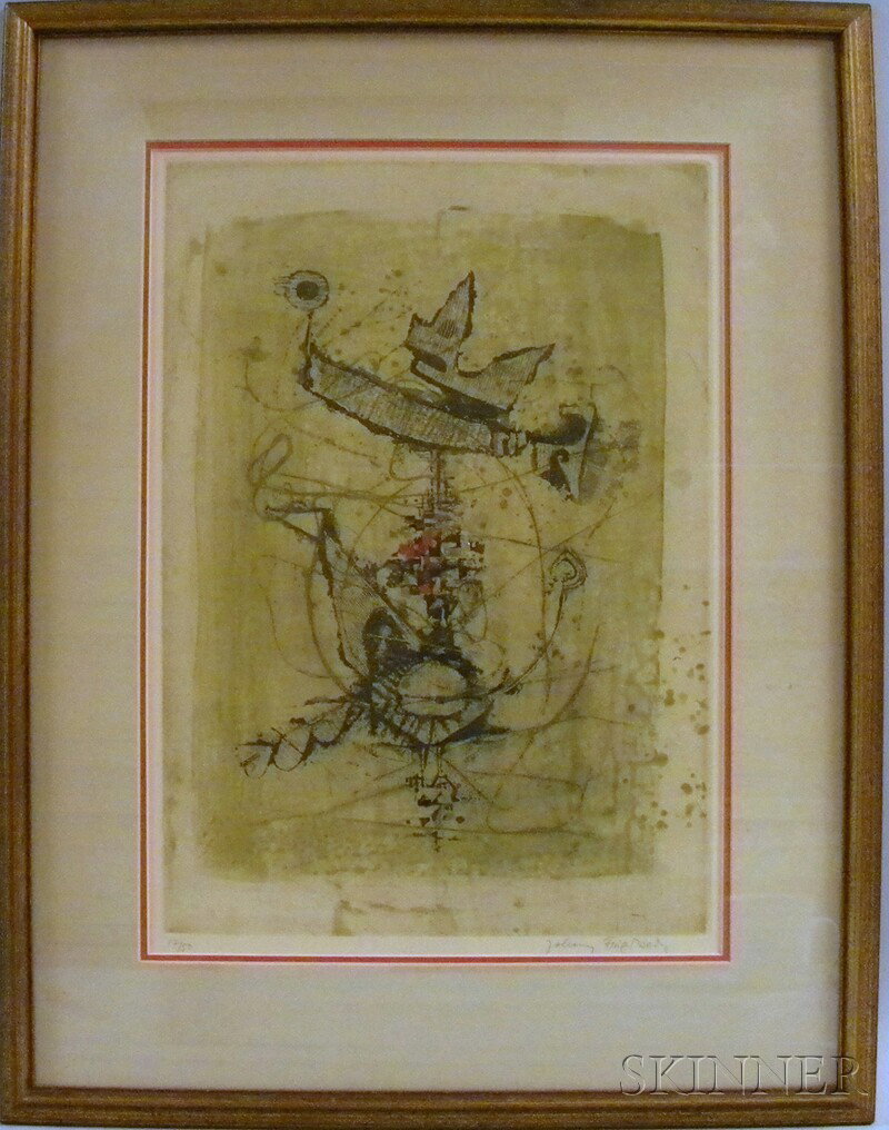 Johnny Friedlaender (German, 1912-1992) Abstract. Si: Johnny Friedlaender (German, 1912-1992) Abstract. Signed "Johnny Friedlaender" l.r. and numbered "17/50" l.l. Colored etching, sight size 20 x 14 in., framed. Condition: Not examined out of frame, m