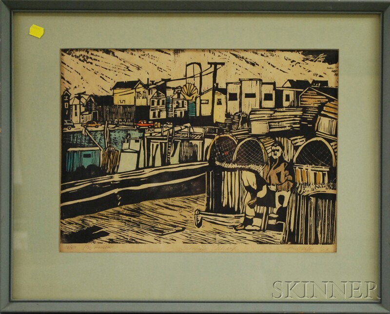 Cape Ann School, 20th Century Gloucester Wharf. Sig: Cape Ann School, 20th Century Gloucester Wharf. Signed "John Walker" in pencil l.r., titled l.c., and numbered "18/50 (Woodcut)" l.l. Woodcut on paper, sight size 12 1/4 x 16 5/8 in., framed. Con
