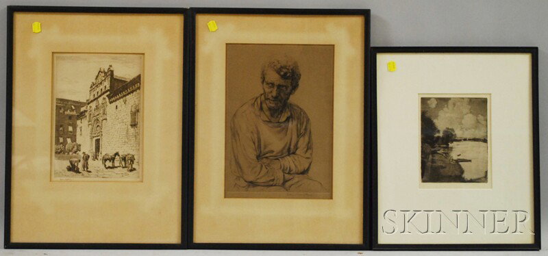 Lot of Three Prints: Arthur William Heintzelman (Am: Lot of Three Prints: Arthur William Heintzelman (American, 1891-1965), Portrait of a Man, signed "Arthur Wm. Heintzelman." in pencil l.r., Morgan Dennis (American, 1892-1960), Two Figures with a Rowbo