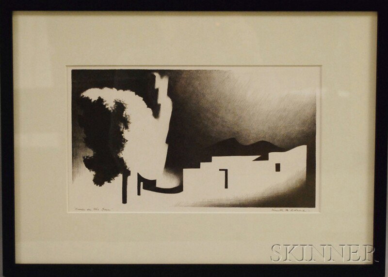 After Kenneth Miller Adams (American, 1897-1966) Ho: After Kenneth Miller Adams (American, 1897-1966) House in the Sun. Signed and titled within the matrix. Photographic reproduction on paper, image size 6 7/8 x 12 in., framed. Condition: Good.