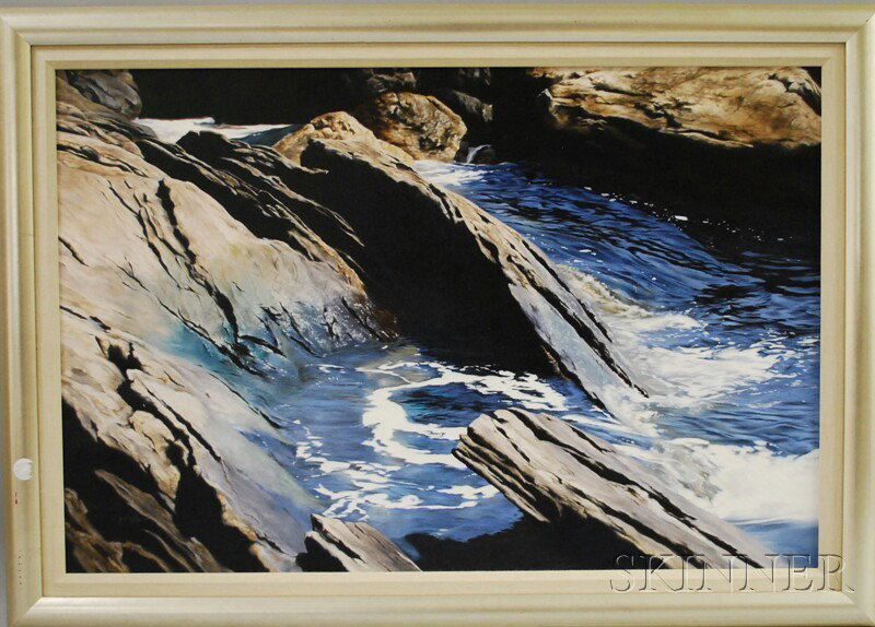 American School, 20th Century Rocky Shoreline. Sig: American School, 20th Century Rocky Shoreline. Signed and dated "S Collins 87" l.l. Oil on canvas, 24 x 36 in., framed. Condition: Mild craquelure.