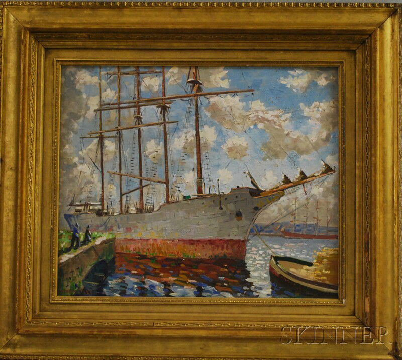 British or Continental School, 20th Century Five-m: British or Continental School, 20th Century Five-masted Sailing Ship at a Wharf. Signed indistinctly l.l. Oil on canvas, 19 1/2 x 24 in., framed. Condition: Paint losses, craquelure with areas of lift