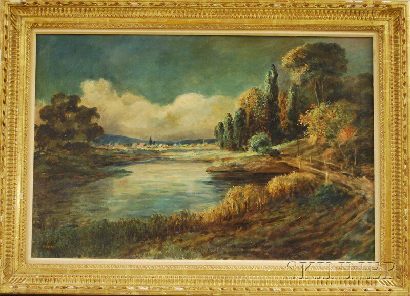 Continental School, 20th Century River Landscape. : Continental School, 20th Century River Landscape. Signed "Rene?" l.l. Oil on canvas, 24 1/4 x 36 in., framed. Condition: Patch reinforcements, craquelure, surface grime.