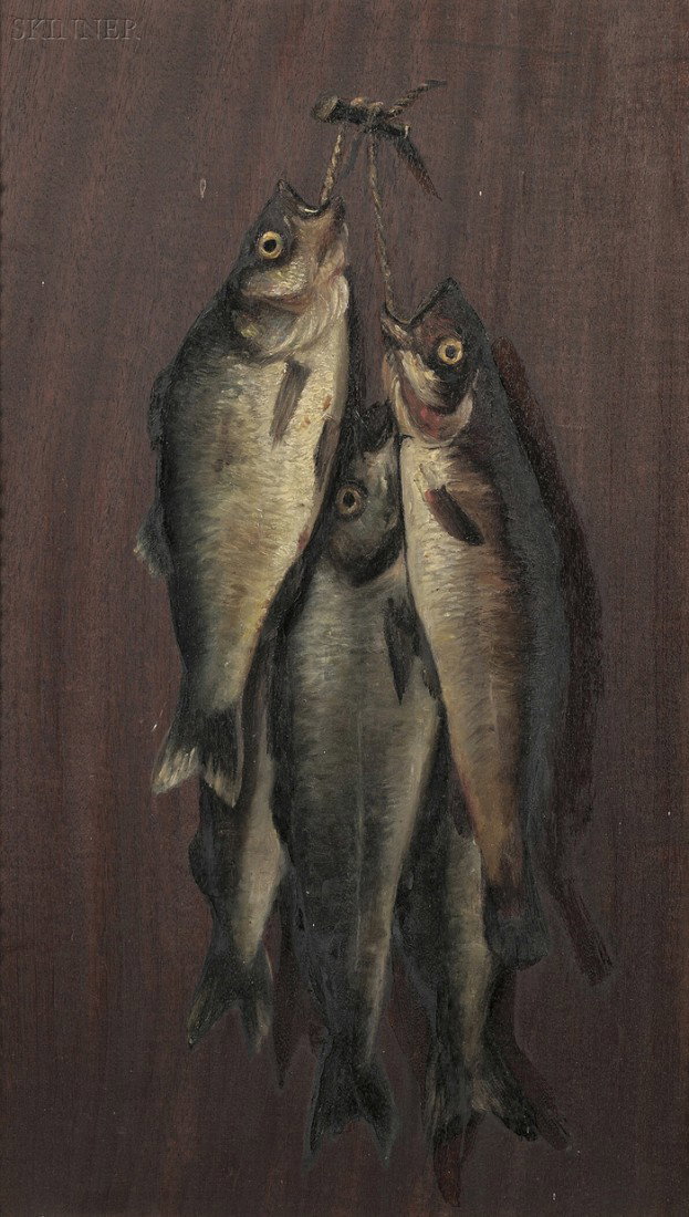 Attributed to John Joseph Enneking (American, 1841: Attributed to John Joseph Enneking (American, 1841-1916) Hanging Bass Unsigned, inscribed "Painted by/John J. Enneking" on the reverse. Oil on panel, 24 x 13 7/8 in. (61.0 x 35.0 cm), framed. Conditio