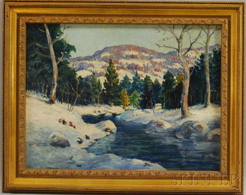 Attributed to Carl John David Nordell (American, 1: Attributed to Carl John David Nordell (American, 1885-1957) Winter Landscape. Unsigned, identified on a label on the reverse. Oil on canvas laid down to board, 15 x 20 in., framed. Condition: Surfac