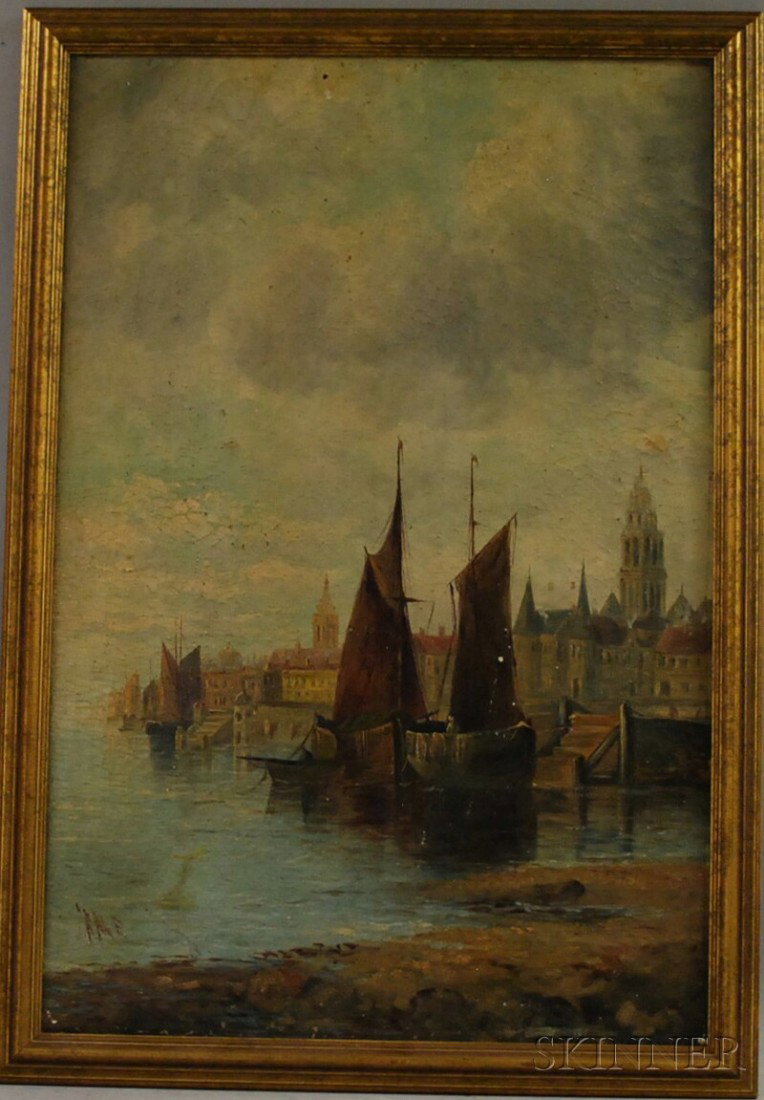 Continental School, 19th Century Boats at Harbor. : Continental School, 19th Century Boats at Harbor. Signed "J. BALE" l.l. Oil on canvas, 30 x 20 in., framed. Condition: Retouch, small punctures, patch reinforcements, losses, surface grime, craquelure