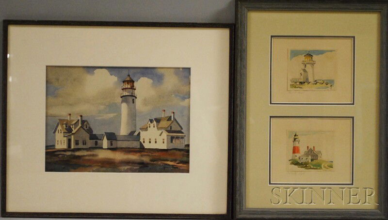 Two Framed Watercolors of Lighthouses: John Cuthbe: Two Framed Watercolors of Lighthouses: John Cuthbert Hare (American, 1908-1978), Lighthouse and Outbuildings, signed "John C. Hare" l.r., sheet size 9 x 12 in.; Doris Riker Beer (American, 1898-1967),