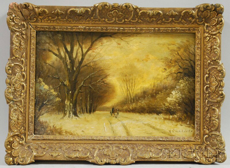 Continental School, 19th/20th Century Figure in a : Continental School, 19th/20th Century Figure in a Horse-Drawn Cart on a Snowy Lane. Signed "H. S...ndr..." l.r. Oil on panel, 8 x 11 3/4 in., framed. Condition: Minor surface grime, varnish inconsiste