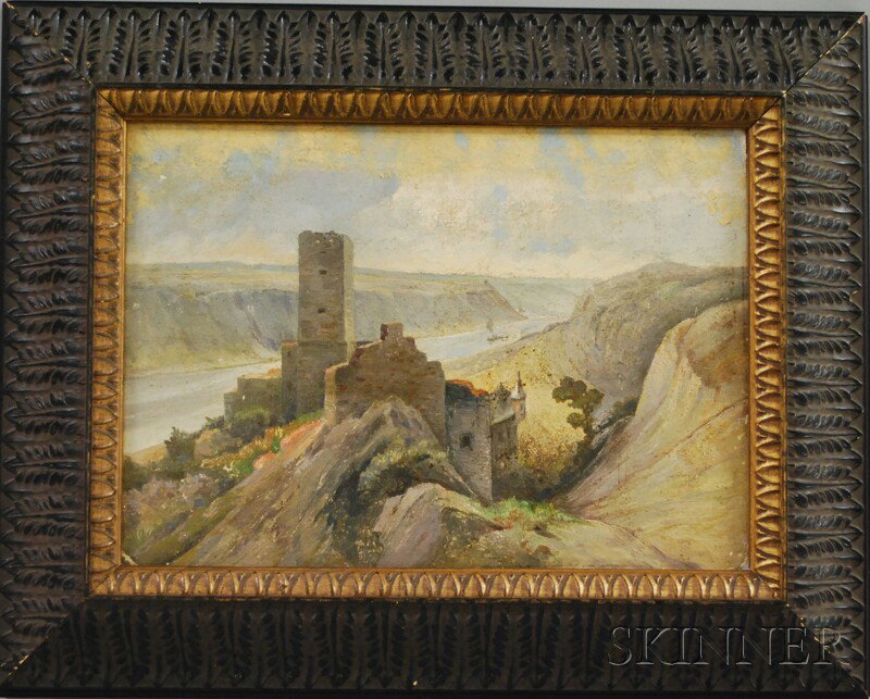 Continental School, 20th Century View of Castle Gu: Continental School, 20th Century View of Castle Gutenfels along the Rhine. Signed indistinctly l.r. Oil on canvasboard, 10 x 14 in., framed. Condition: Surface grime.
