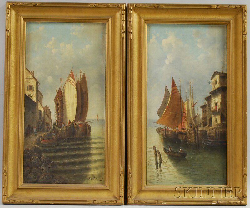 Continental School, 19th/20th Century Pair of Harb: Continental School, 19th/20th Century Pair of Harbor Views With Fishing Boats. Signed indistinctly l.r. Oil on canvas, 21 x 10 3/4 in., framed. Condition: Surface grime, craquelure, frame abrasions.