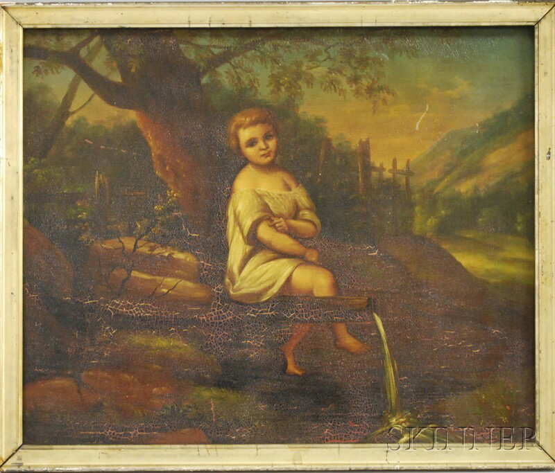 Continental School, 19th/20th Century Child Seated: Continental School, 19th/20th Century Child Seated in Landscape. Unsigned. Oil on tin mounted to panel, 12 x 15 in., framed. Condition: Craquelure, shrinking, surface grime, slight abrasions.