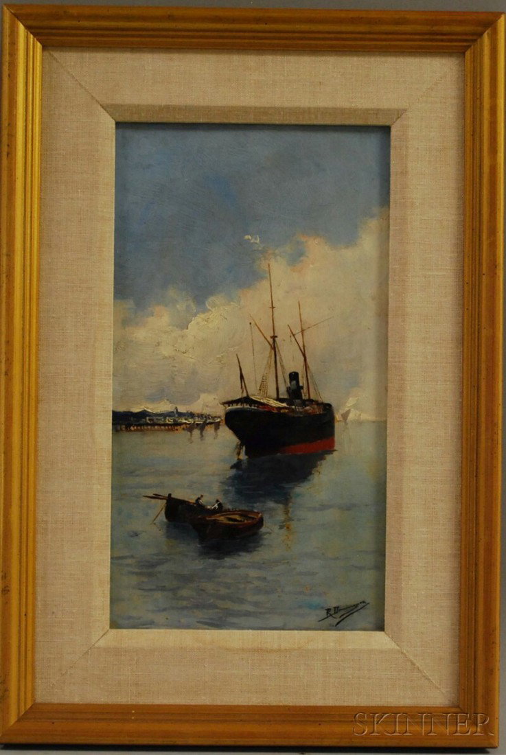 Continental School, 20th Century Boats in Harbor. : Continental School, 20th Century Boats in Harbor. Signed "R. Dominguez" l.r. Oil on board, 13 x 7 1/2 in., framed. Condition: Surface grime.