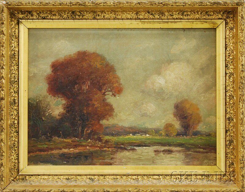 Frederick Leo Hunter (American, 1851-1943) Fall La: Frederick Leo Hunter (American, 1851-1943) Fall Landscape. Signed and dated "F. Leo Hunter 1914" l.r. Oil on canvas, 8 x 11 1/2 in., framed. Condition: Surface grime, frame abrasions.