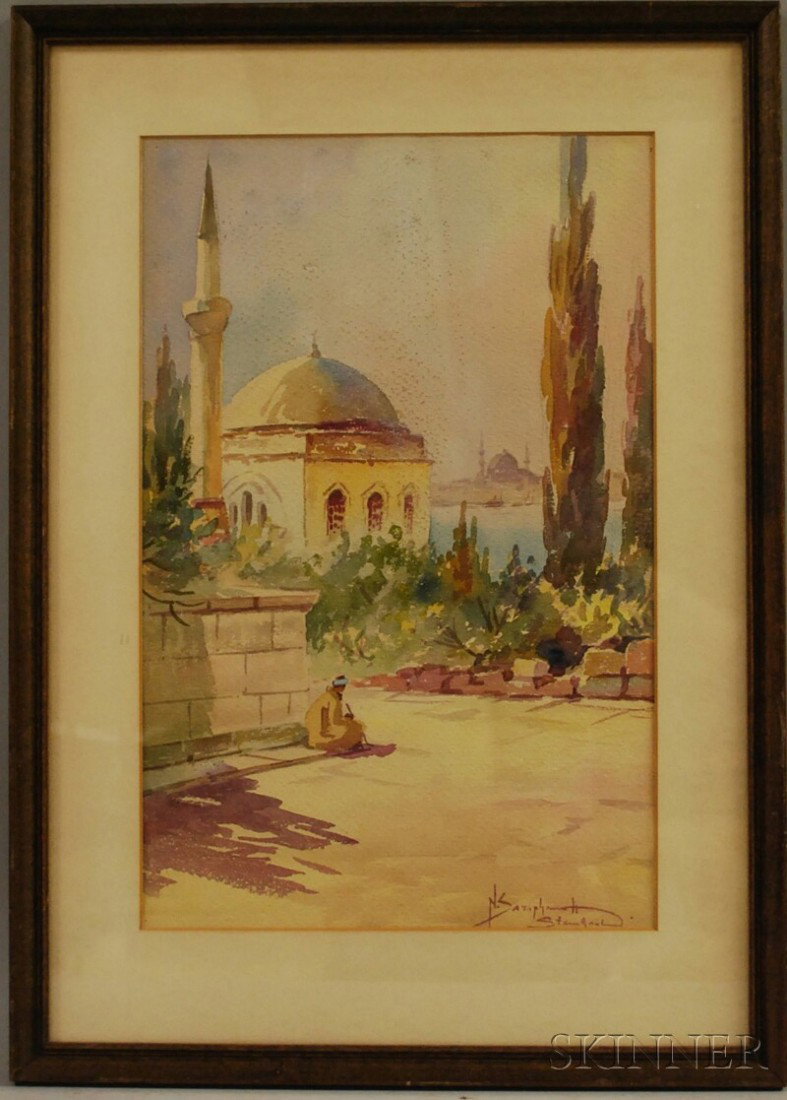 Continental School, 20th Century View of the Bosph: Continental School, 20th Century View of the Bosphorus, Istanbul, Turkey. Signed and inscribed "N. Saraphanott..." l.r., watercolor and graphite on paper, sight size 16 x 10 3/8 in., framed. Condition