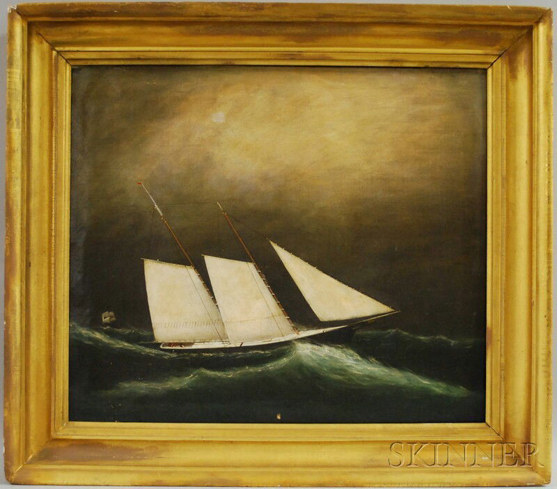 Attriubuted to Clement Drew (American, 1806-1889): Attriubuted to Clement Drew (American, 1806-1889) Schooner in a Storm. Unsigned. Oil on canvas, 20 x 24 in., framed. Condition: Wax lined, rippling to canvas, paint loss l.c., paint loss and retouch