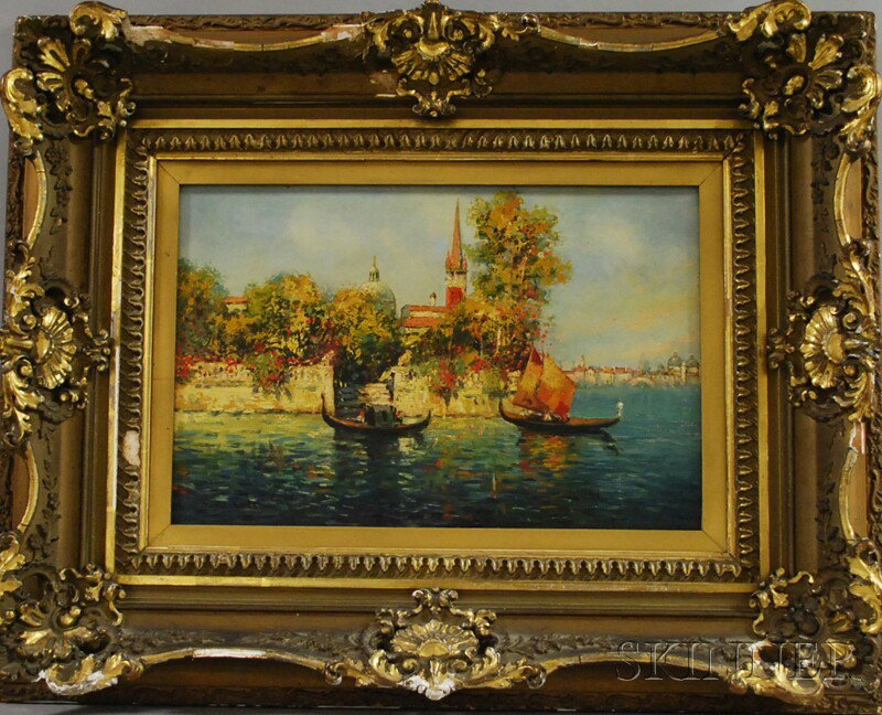 Continental School, 19th Century View of Venice fr: Continental School, 19th Century View of Venice from the Lagoon. Signed "H. Riccardi" l.l. Oil on canvas, 12 x 18 in., framed. Condition: Minor surface grime.
