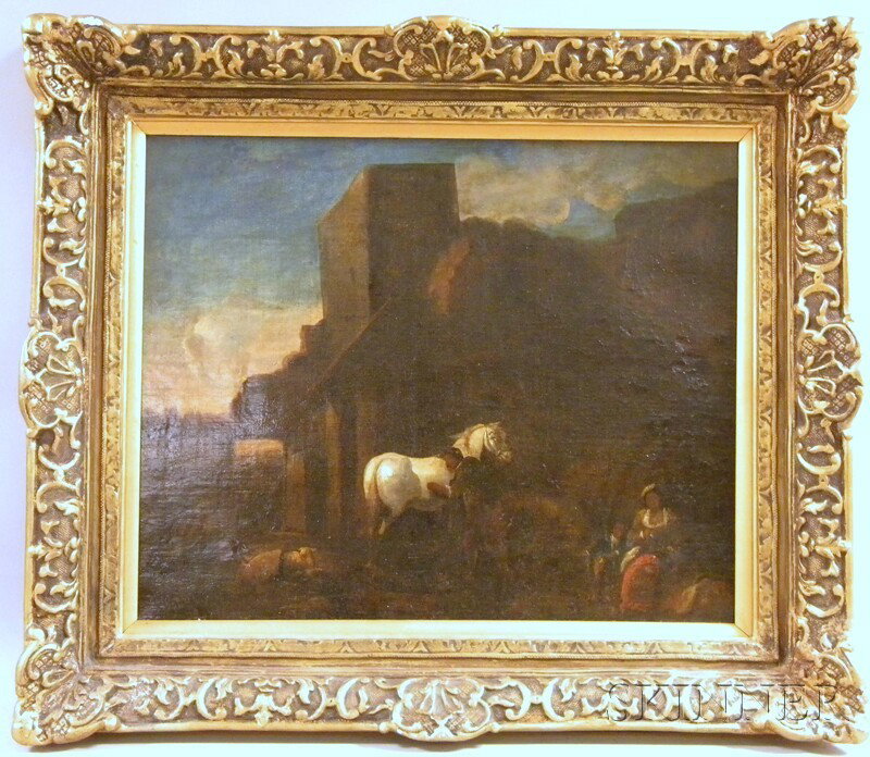 Continental School, 19th Century Courtyard Scene. : Continental School, 19th Century Courtyard Scene. Unsigned. Oil on canvas, 20 x 24 in., framed. Condition: Patch reinforcements, retouch, possible skinning, relined, trimmed.