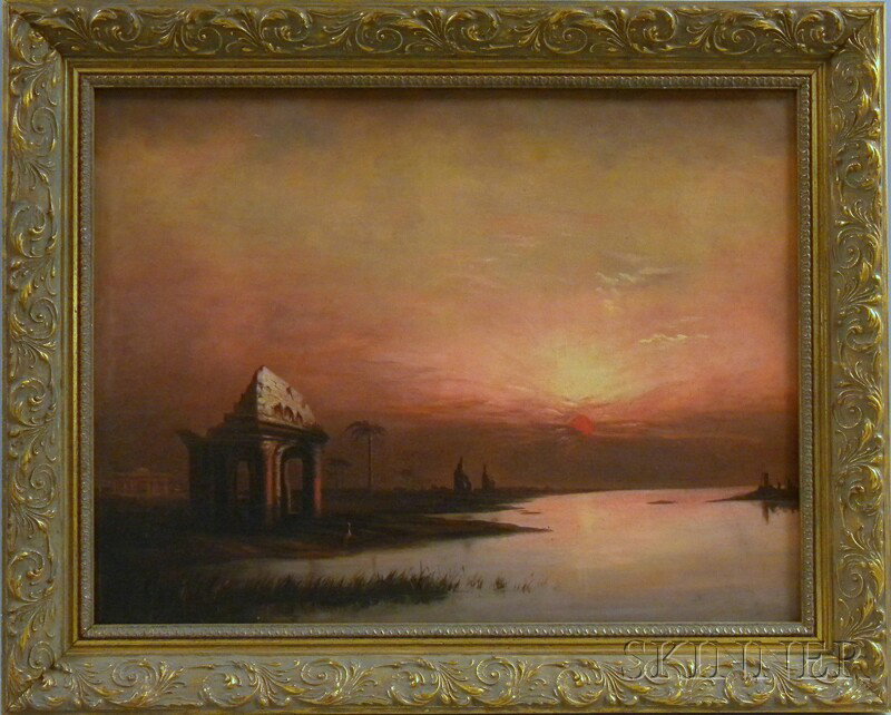 Continental School, 20th Century Along the Nile at: Continental School, 20th Century Along the Nile at Sunset. Unsigned. Oil on canvas, 15 1/2 x 20 in., framed. Condition: Surface grime, craquelure.