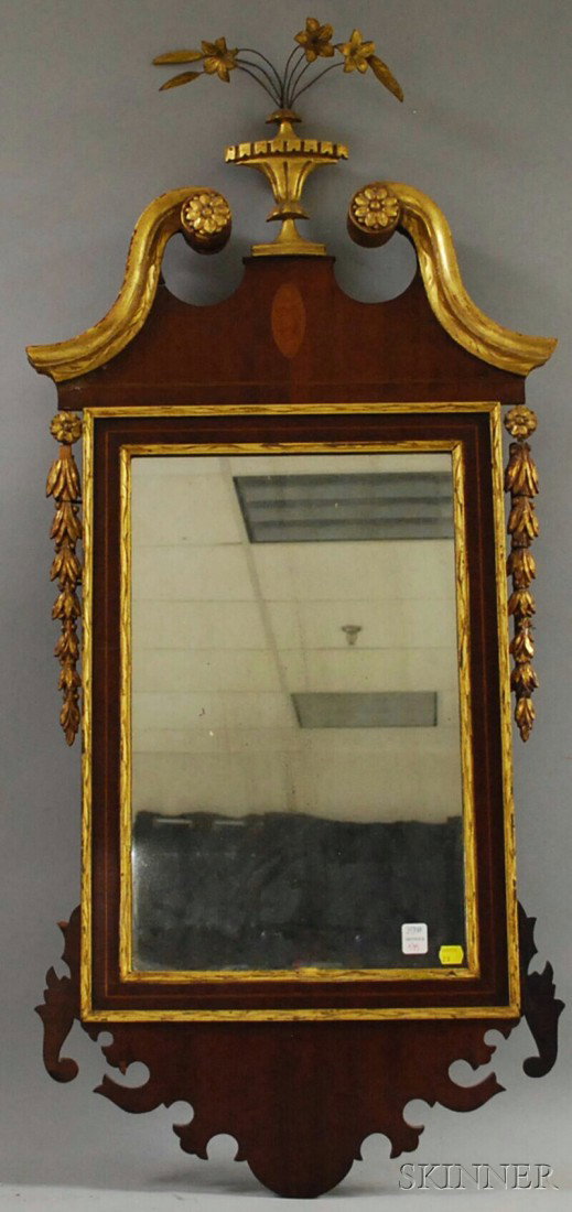 Federal-style Parcel-gilt Inlaid Mahogany Mirror, : Federal-style Parcel-gilt Inlaid Mahogany Mirror, lg. 44 1/2 in.