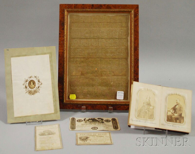 Framed 1829 Needlework Sampler, Three Rewards of M: Framed 1829 Needlework Sampler, Three Rewards of Merit, and Photographs, "Mary E. Tompkins Aged 8 ---- 1829," the sampler worked in silk threads on a linen ground, stitched with alphabets, her signatu