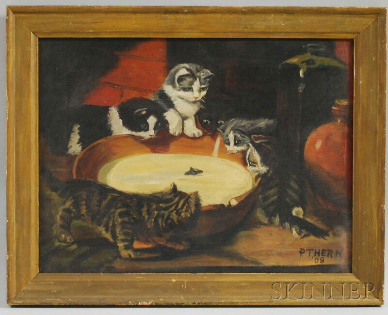 American School, 20th Century Kittens Contemplatin: American School, 20th Century Kittens Contemplating a Mouse in a Bowl of Milk. Signed and dated "P. THERN '08" l.r. Oil on canvas, 12 x 15 3/4 in., in a period molded giltwood frame.