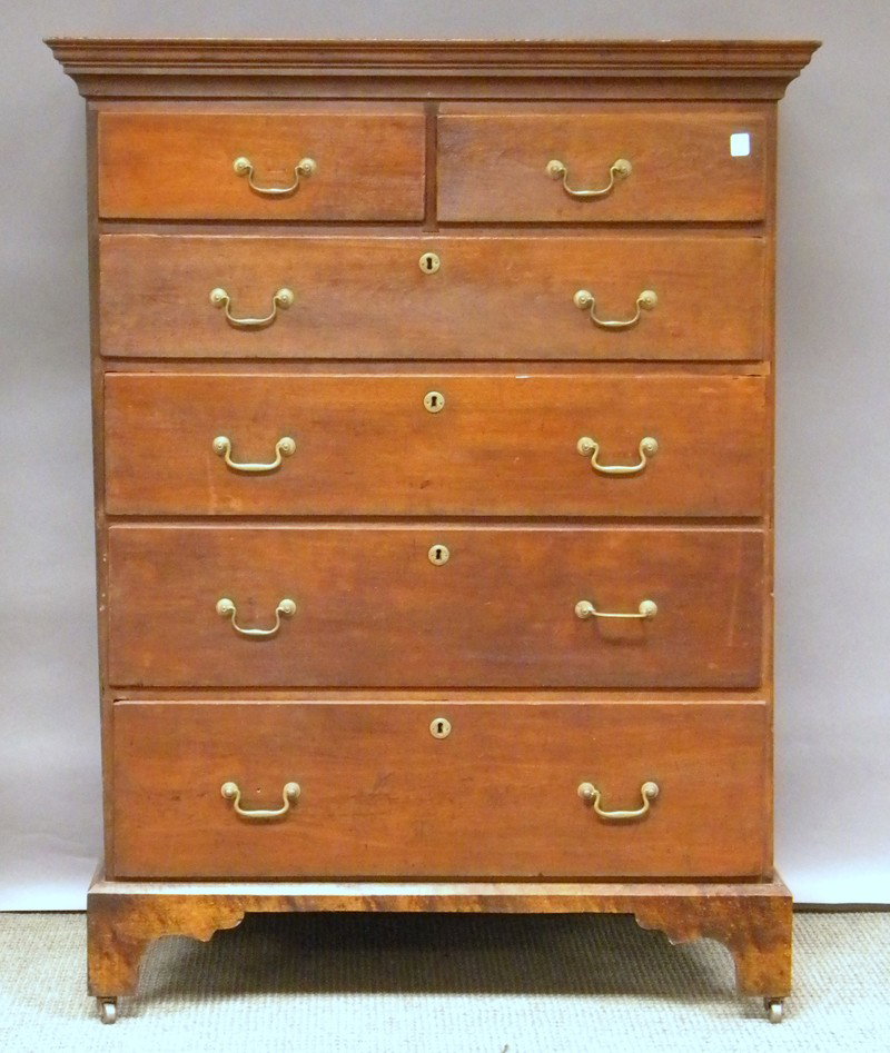 Chippendale Red-stained Birch Six-drawer Tall Ches: Chippendale Red-stained Birch Six-drawer Tall Chest, (later base, on casters), overall ht. 52 1/2, wd. 39 3/4 in.