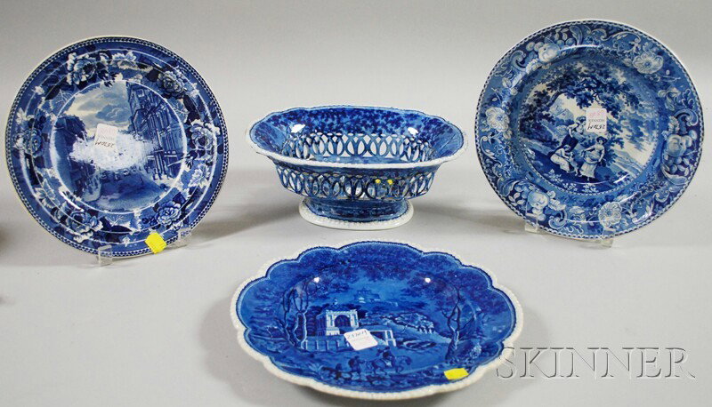 Four Pieces of English Blue and White Transfer-dec: Four Pieces of English Blue and White Transfer-decorated Staffordshire Tableware, including a Rogers reticulated basket, two plates, and a soup bowl.