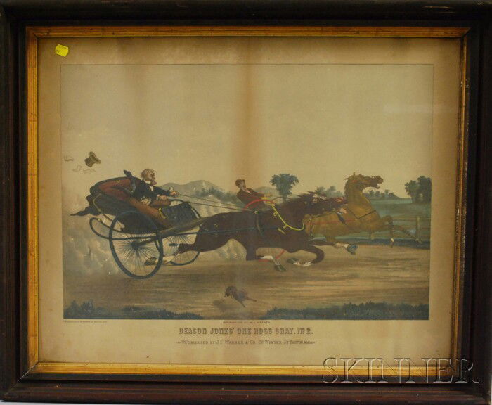 Two Framed 19th Century Hand-colored Lithographs,: Two Framed 19th Century Hand-colored Lithographs, an F.M. Haskell & Co. Deacon Jones' One Hoss Shay. No. 2, and a Janke & Wegener The English Gamekeeper, each in a walnut frame, sight size 21 3/4 x 27