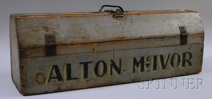 Gray-painted Wood Tool Box, late 19th/early 20th c: Gray-painted Wood Tool Box, late 19th/early 20th century, rectangular box with hinged slant lid, the front panel with white-outlined, black-painted lettering "ALTON Mc IVOR," (minor loss), ht. 11 1/2,