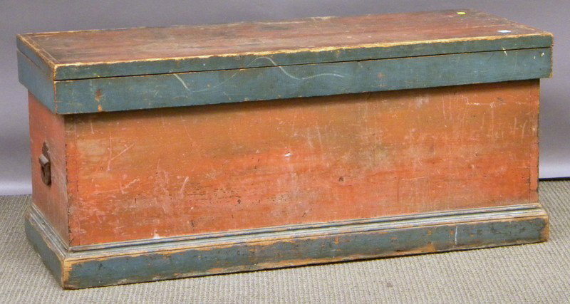 Red and Green-painted Wood Dovetail-constructed To: Red and Green-painted Wood Dovetail-constructed Tool Chest, with cast iron handles, lg. 43 1/2 in.