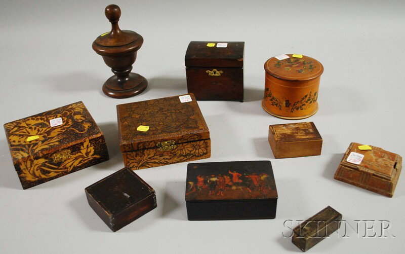 Ten Assorted Small Mostly Wooden Boxes, including : Ten Assorted Small Mostly Wooden Boxes, including turned oak, circular covered lap-sided, mahogany dome-top, two pyrographic, three small country slide-lid boxes, and an Italian lacquered.