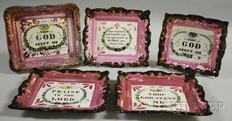 Five Sunderland Pink Lustre Transfer-decorated Pot: Five Sunderland Pink Lustre Transfer-decorated Pottery Plaques with Religious Themes, England, 19th century, rectangular plaques, three with inscription "THOU GOD SEES'T ME," one inscribed "Praise Ye 