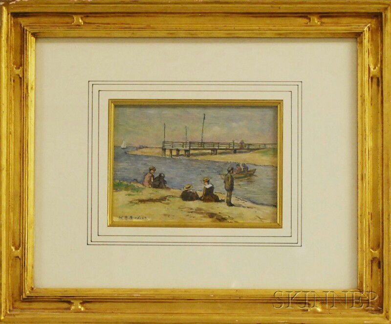 Horace R. Burdick (American, 1844-1942) On the Sho: Horace R. Burdick (American, 1844-1942) On the Shore. Signed "H.R.Burdick" l.l. Gouache on paper/board, sight size 5 1/4 x 7 in., in a later carved and molded giltwood frame. Condition: Damage l.l., n