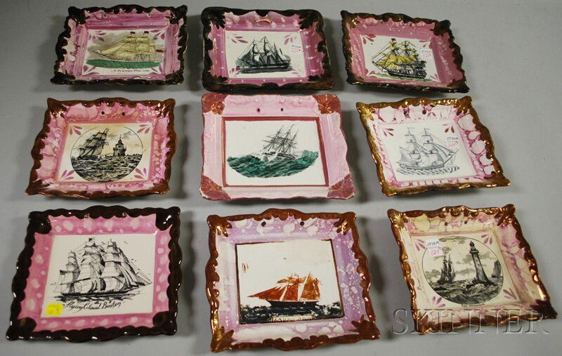 Nine Sunderland Pink Lustre and Transfer-decorated: Nine Sunderland Pink Lustre and Transfer-decorated Pottery Ship Plaques, England, 19th century, rectangular plaques, one titled "A Frigate in Full Sail," two with ship and lighthouse, one titled "The